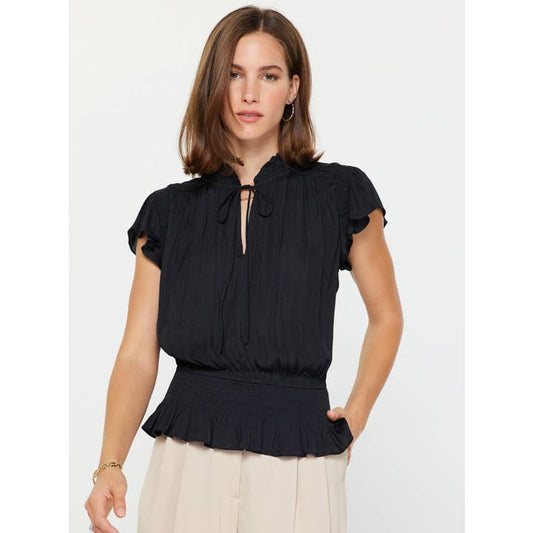 Smocking Waist Flutter Sleeve Blouse