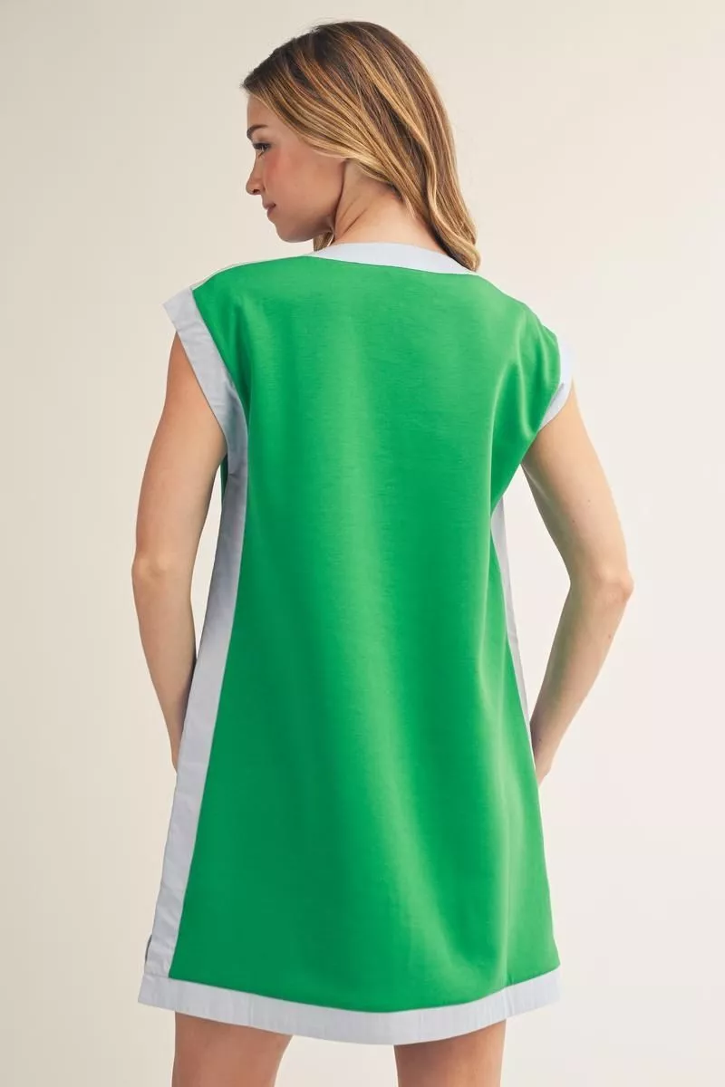 V-Neck Shift Dress - Green/Blue