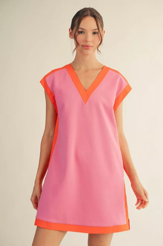 V-Neck Shift Dress - Pink/Orange