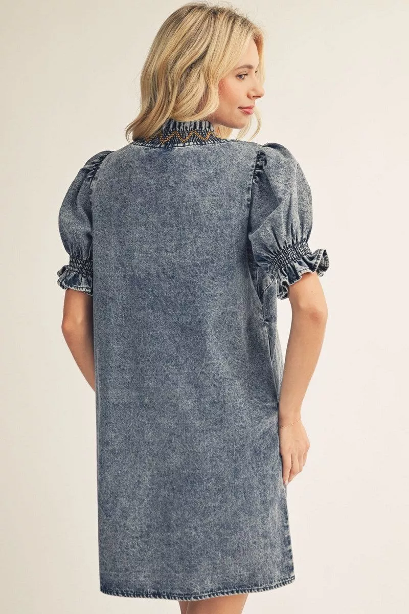 Washed Denim V-Neck Dress