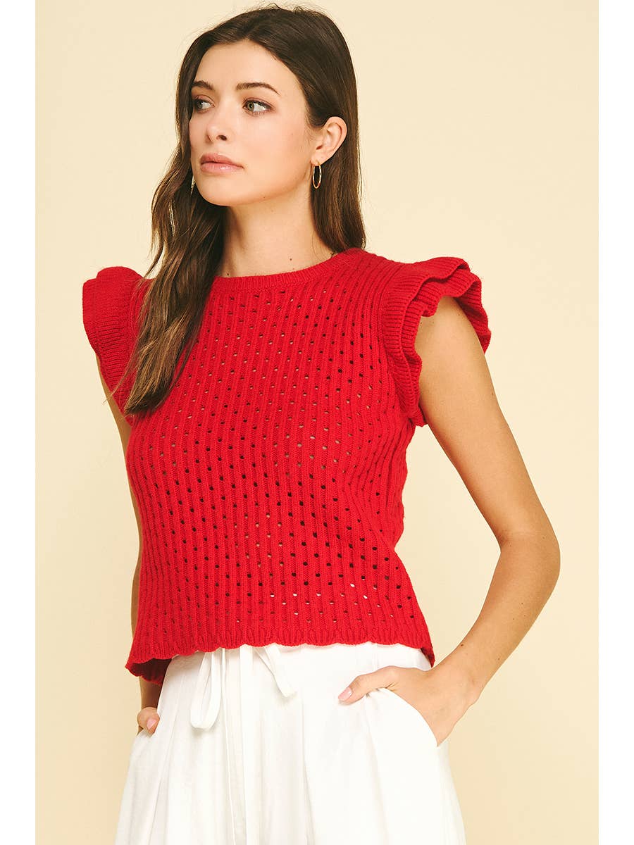 Red Ruffle Sleeve Open Knit Top