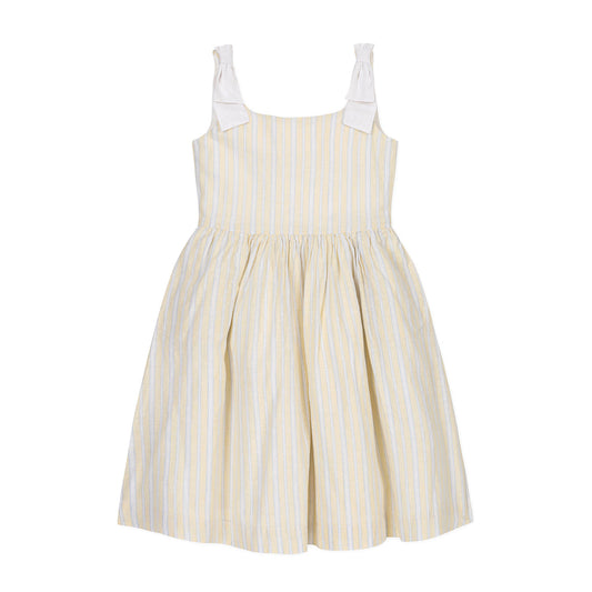Sunlit Stripe Linen Bow Shoulder Dress