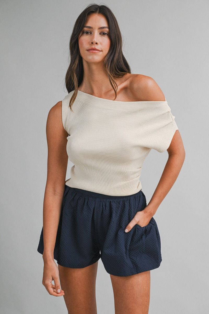 Taupe One-Shoulder Rib Knit Top
