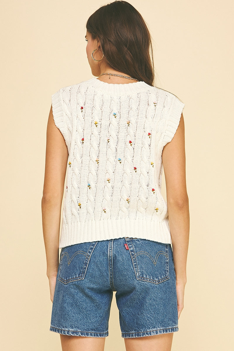 Floral Embroidered Cable Knit Sweater
