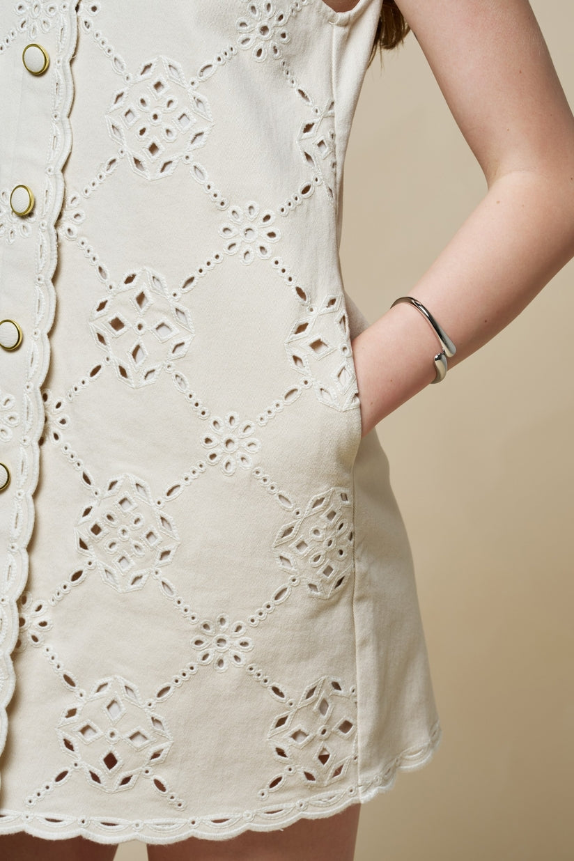 Embroidery Button Down Mini Shift Dress