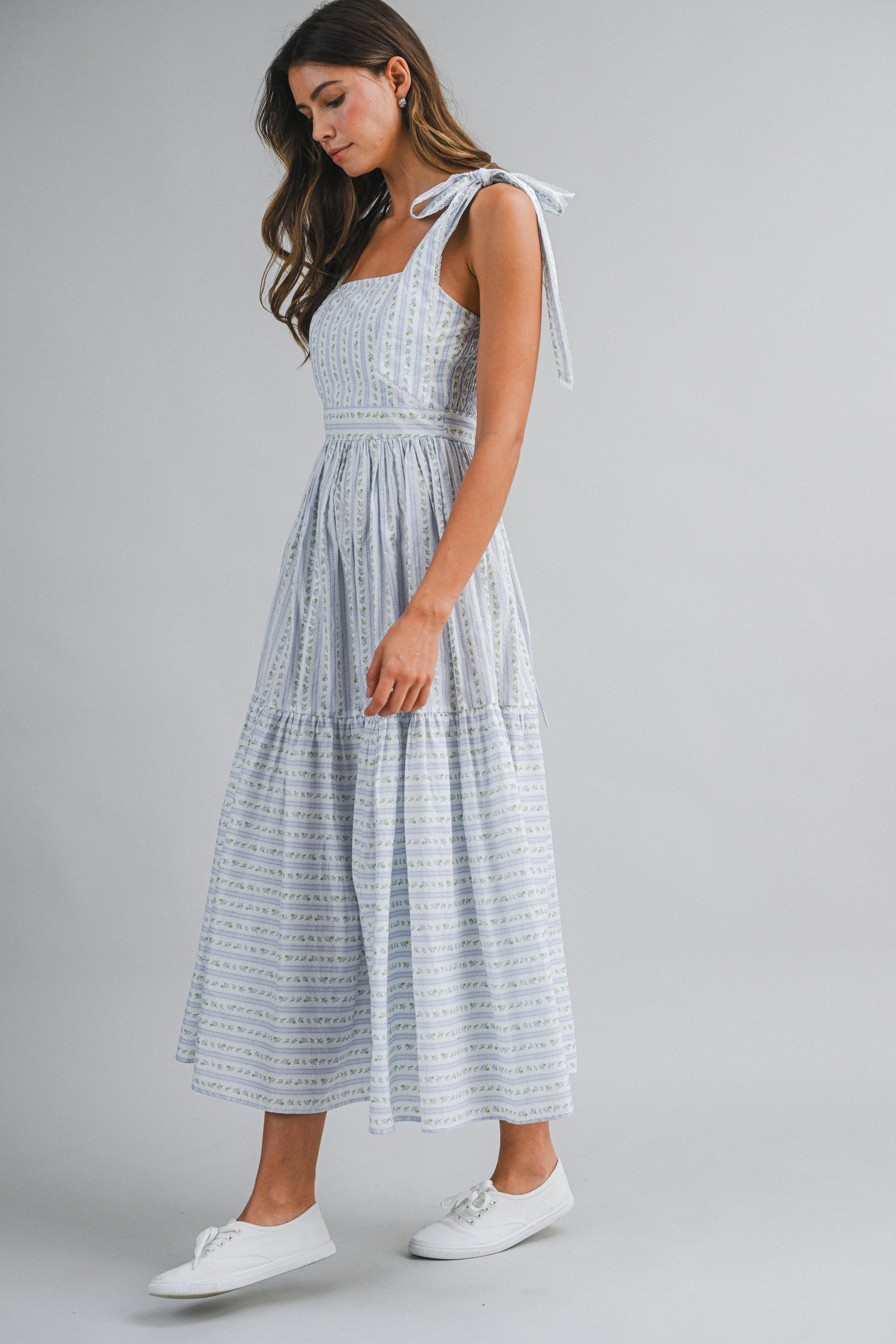 Blue Wallpaper Floral Tiered Midi Dress