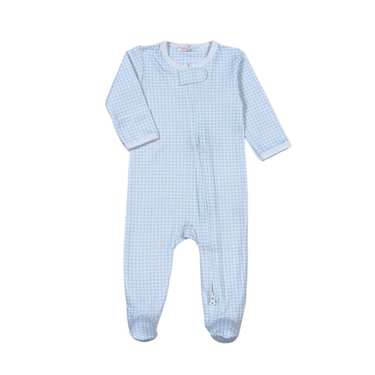 Blue Gingham Zip Footie