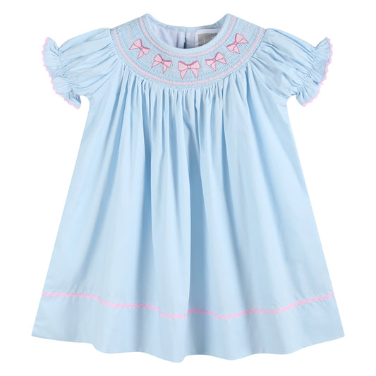 Blue/Pink Bow Smocked Bishop Dress