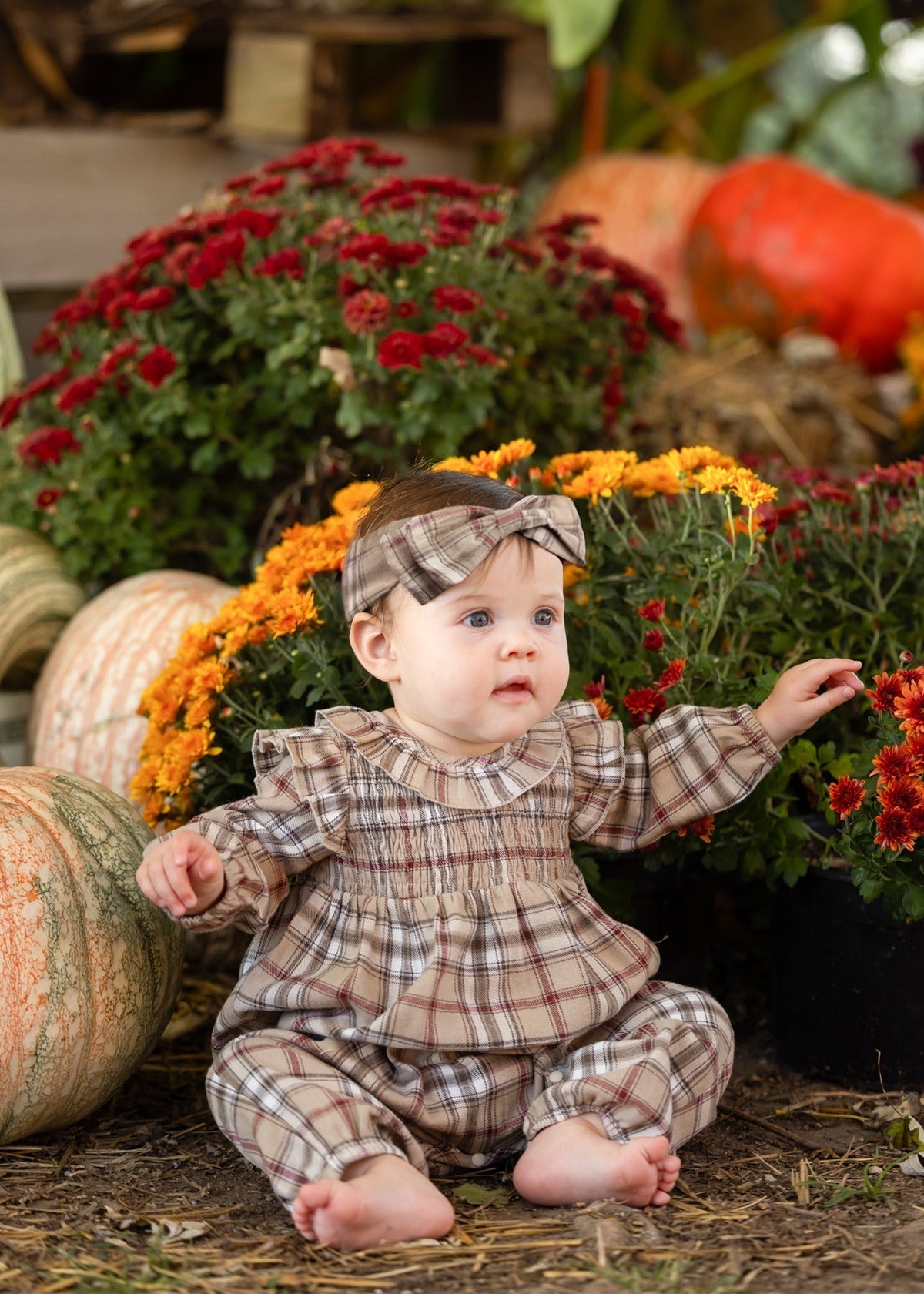 Chestnut Plaid Ruffle Smocked Romper