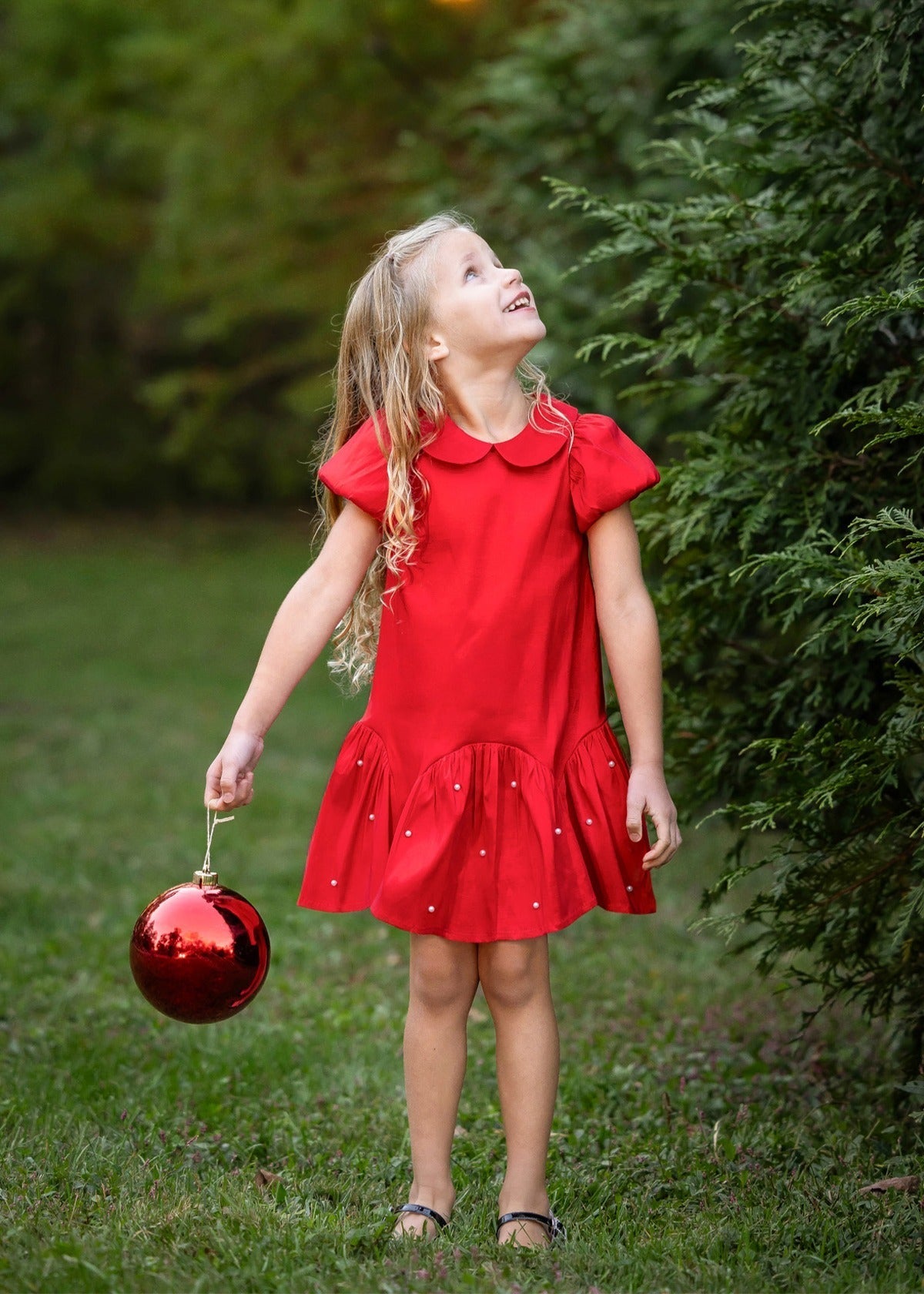 Red Pearl Embellished Drop Waist Dress