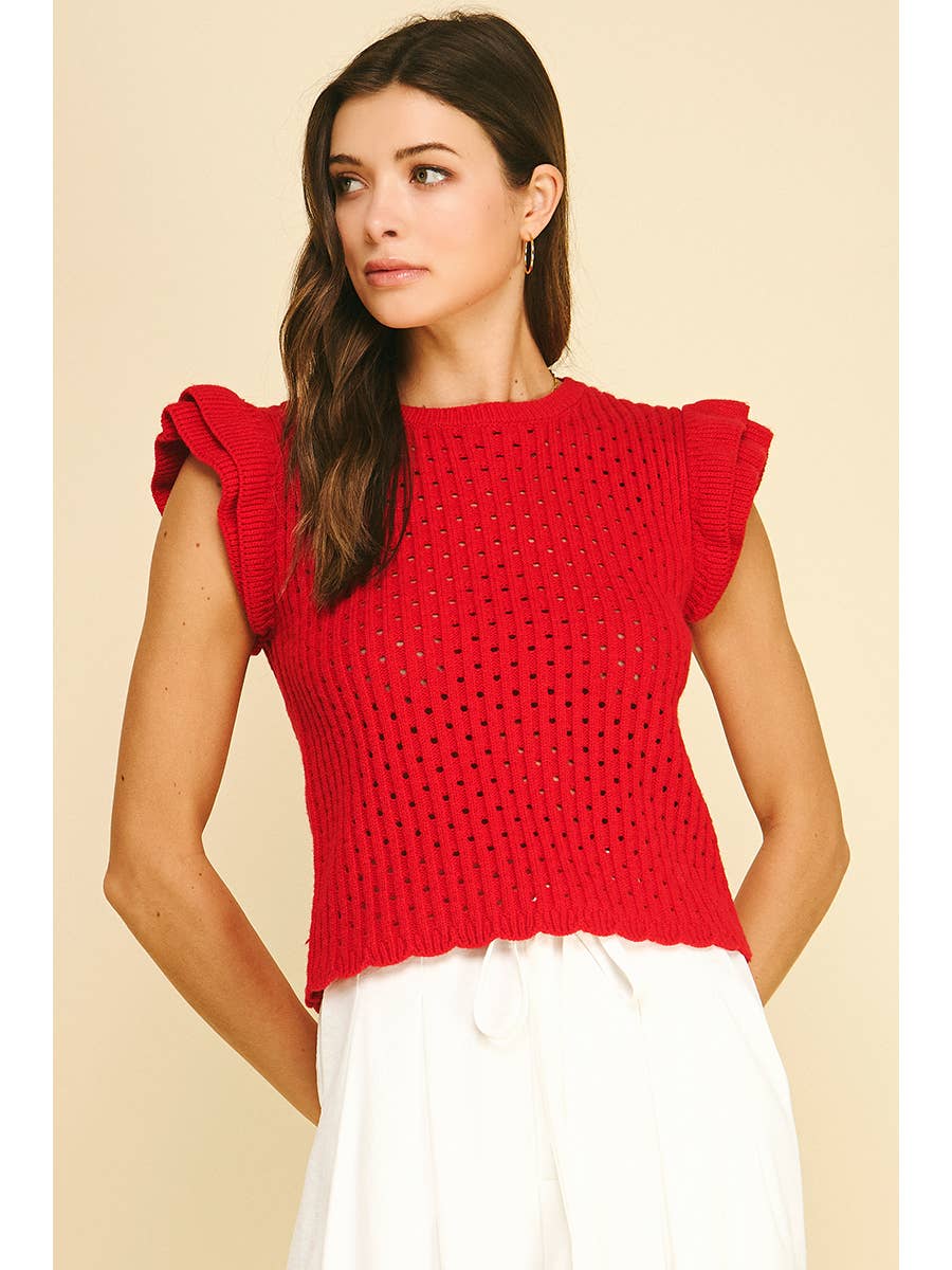 Red Ruffle Sleeve Open Knit Top