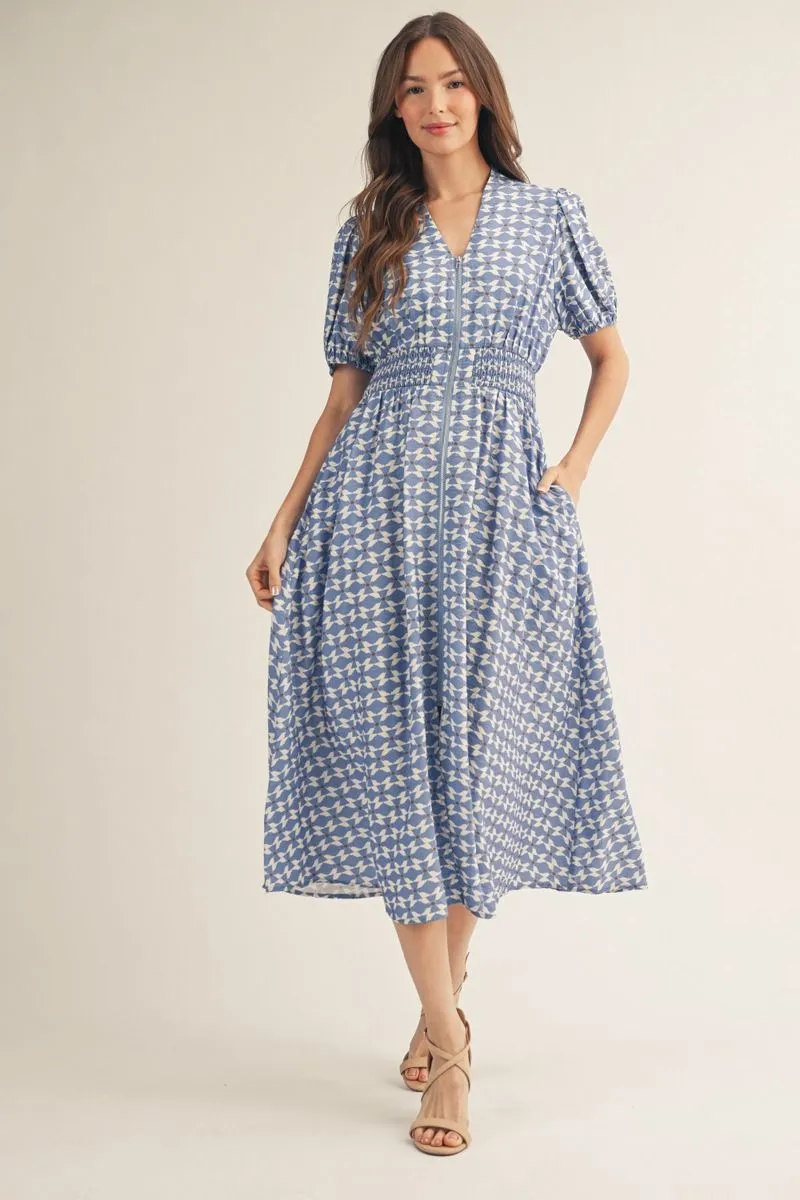 Blue Geo Print Midi Dress