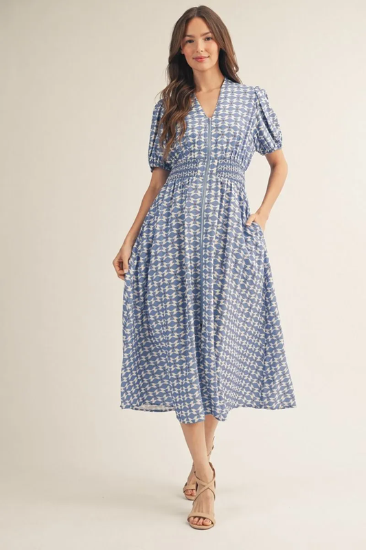 Blue Geo Print Midi Dress