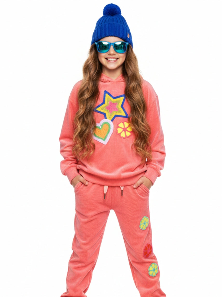 Coral Pullover Hoodie W/ Colorful Stars