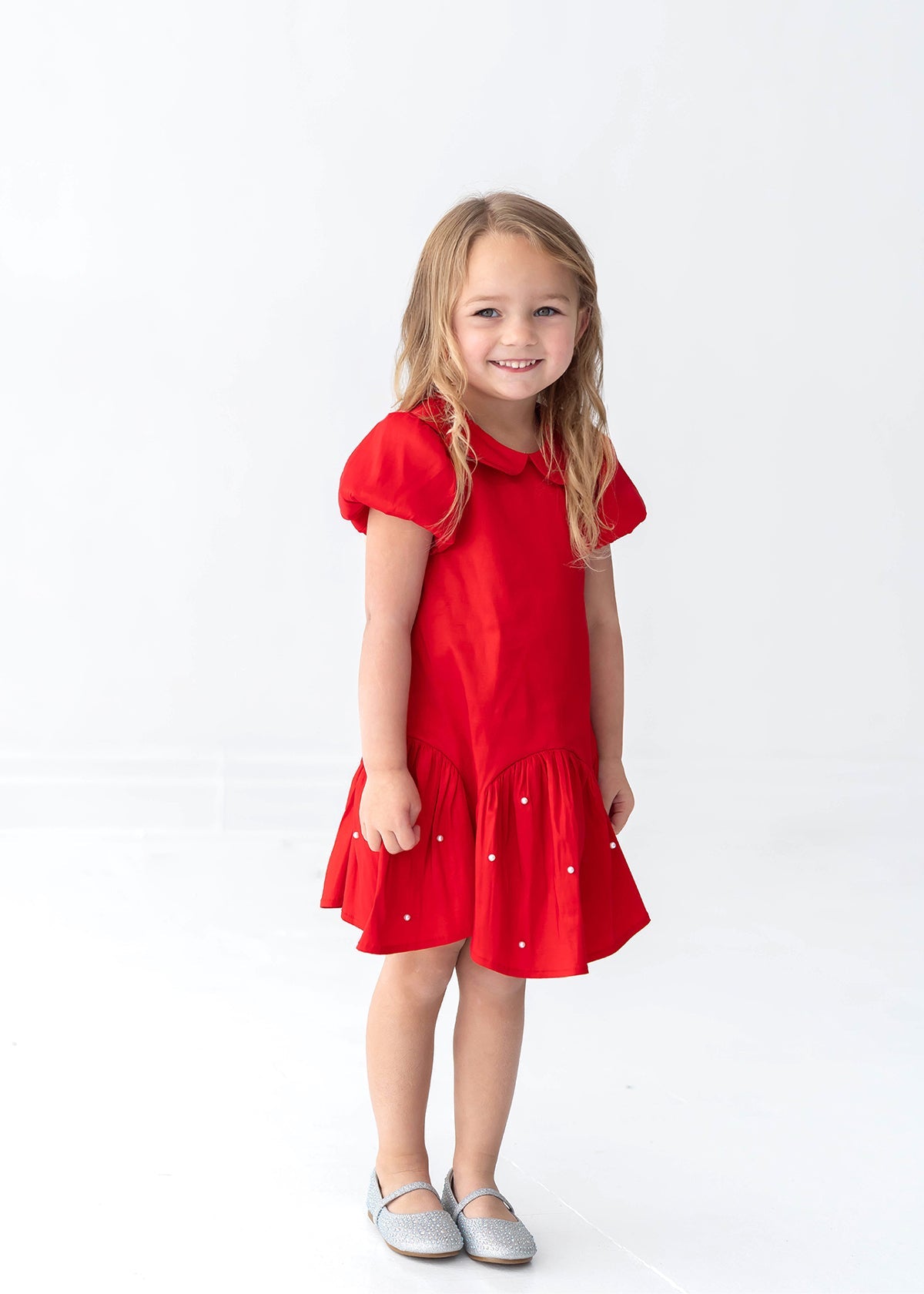 Red Pearl Embellished Drop Waist Dress