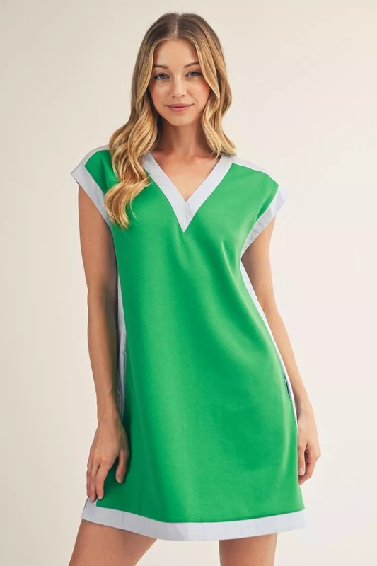 V-Neck Shift Dress - Green/Blue