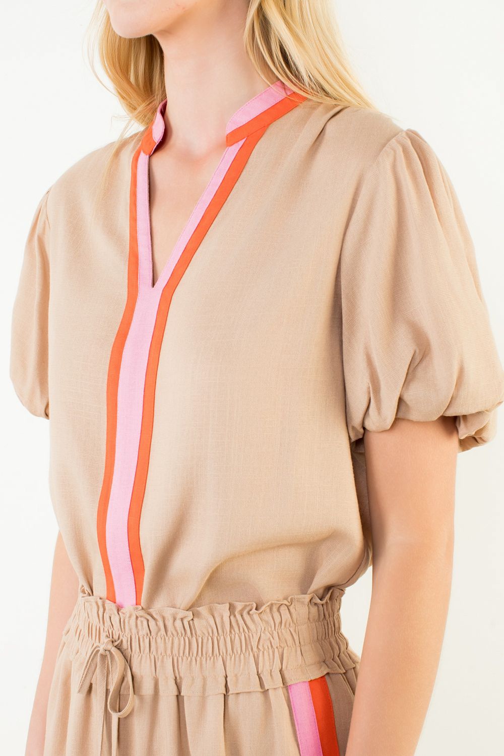 Beige Striped Detail Top