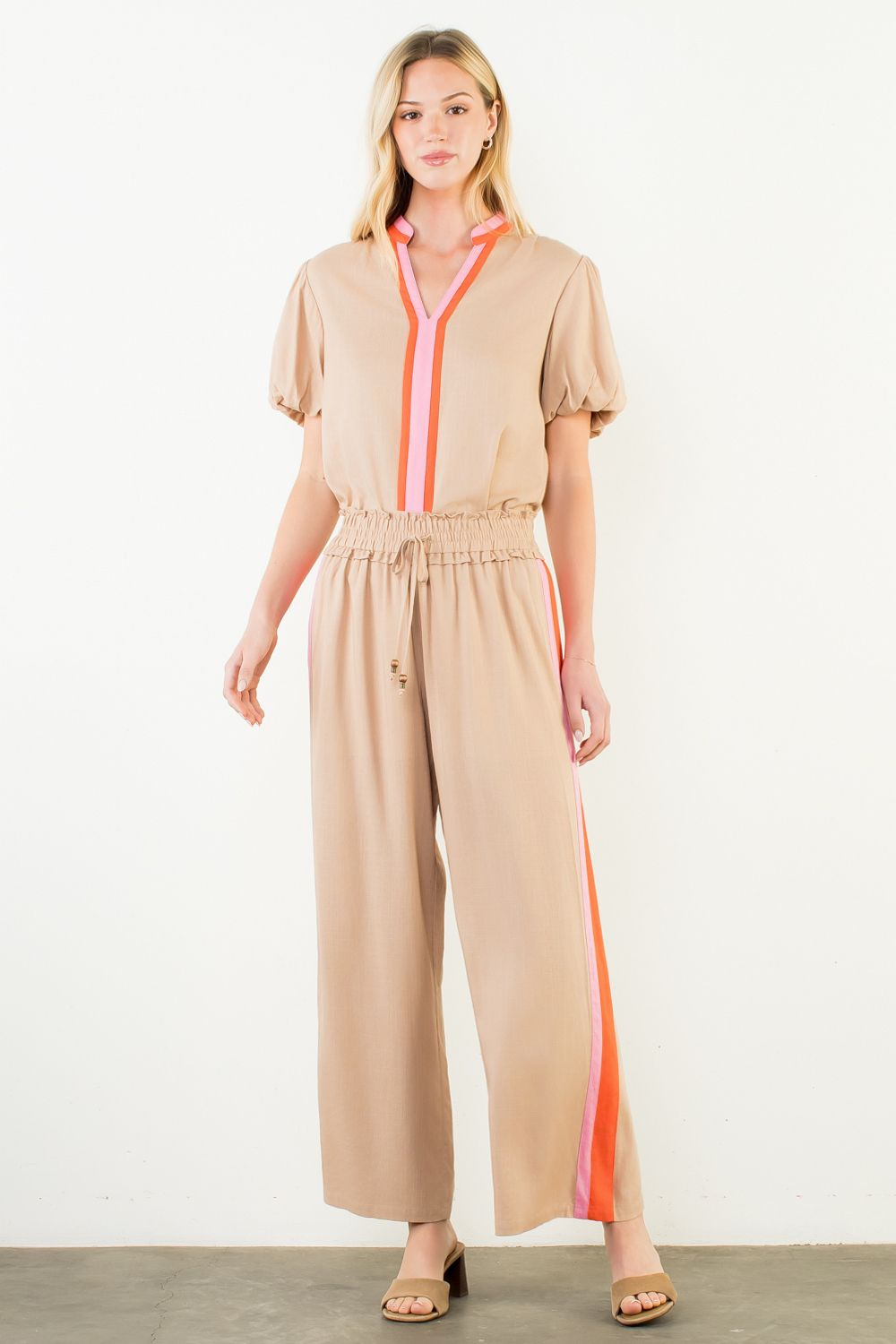 Beige Striped Detail Top