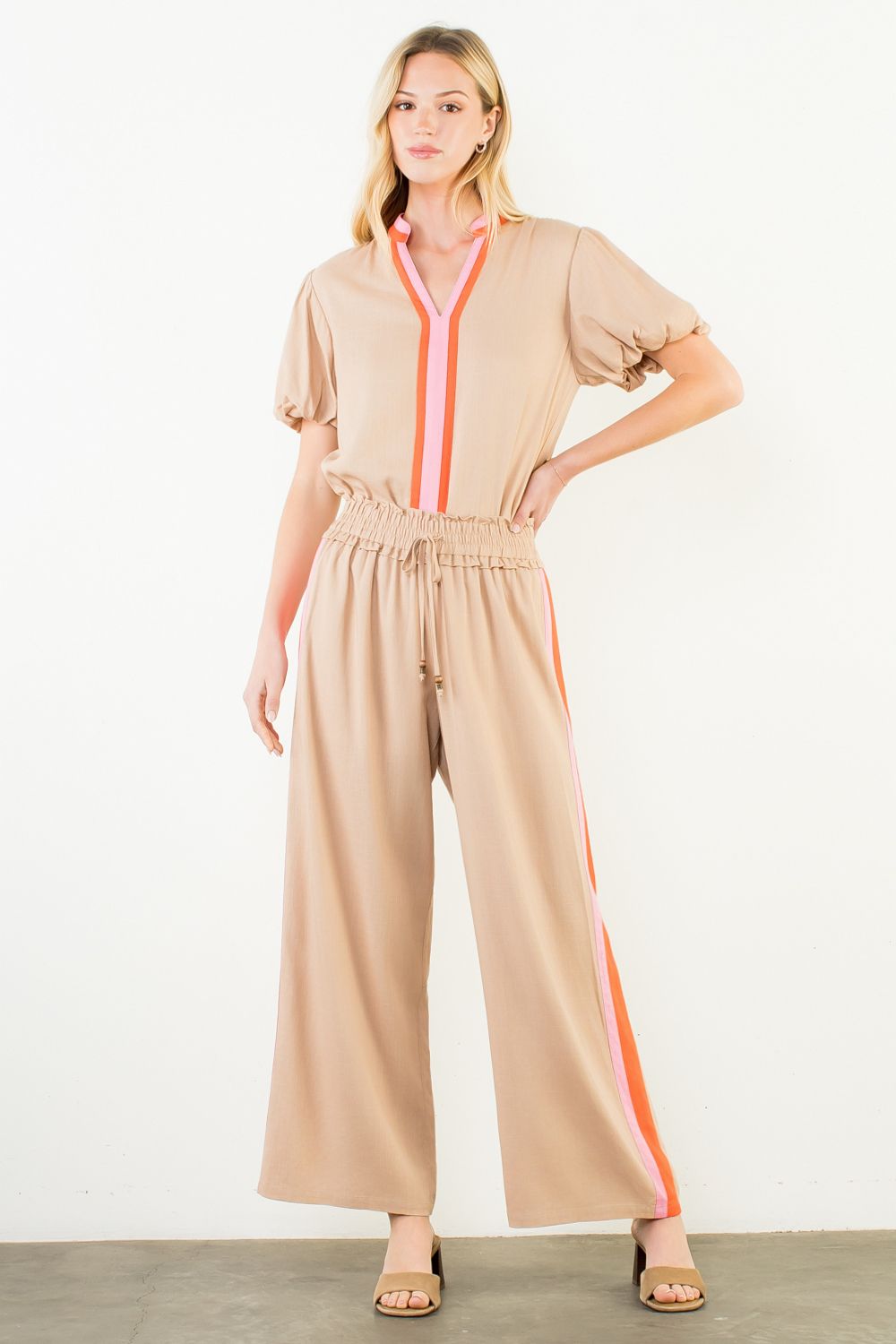 Beige Striped Detail Top