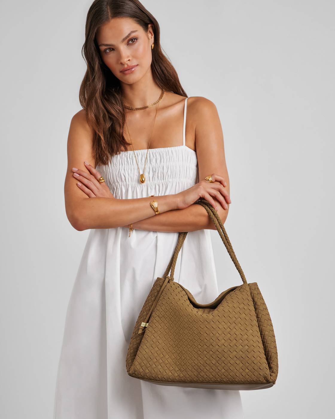 Nova Hand Woven Suedette Large Shoulder Bag - Caramel