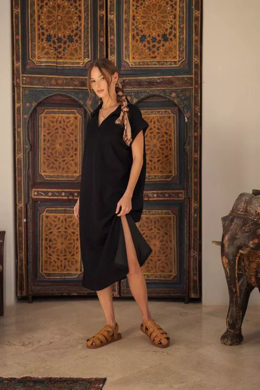 V-Neck Midi Dress - Black