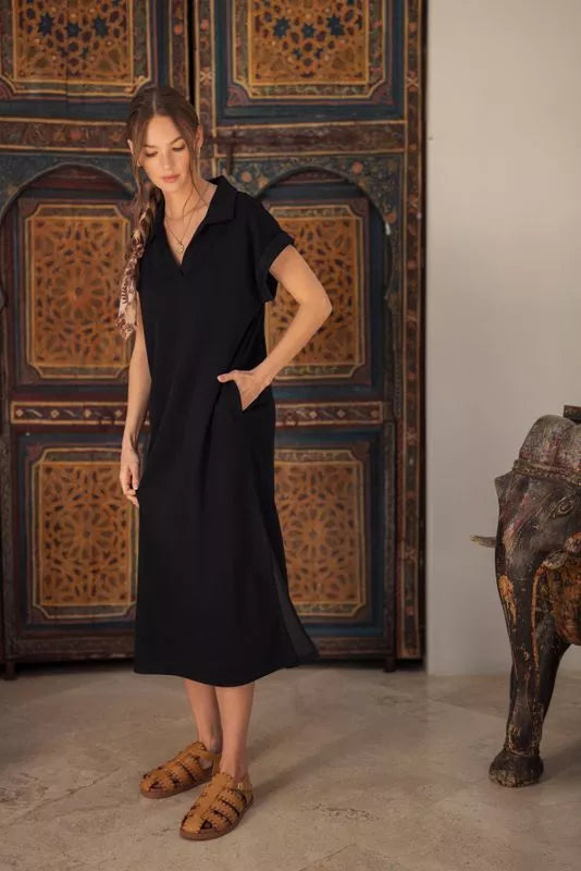 V-Neck Midi Dress - Black