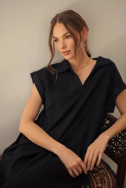 V-Neck Midi Dress - Black