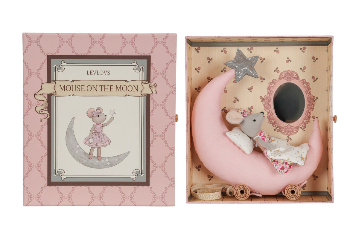 Levlovs Mouse on the Moon linen mouse doll sleeping in a moon bed under a starry night sky