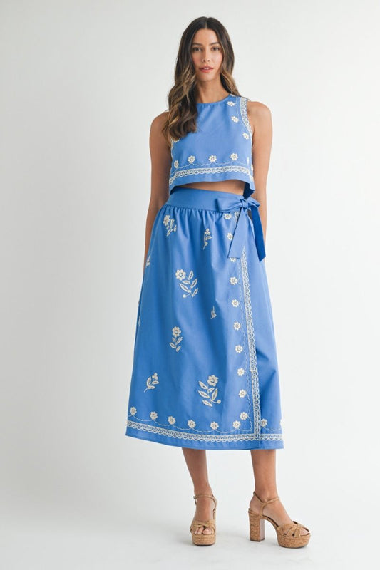 Blue Embroidered Top And Midi Skirt Set