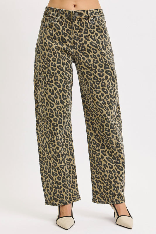 Mid Rise Fit Leopard Barrel Pants