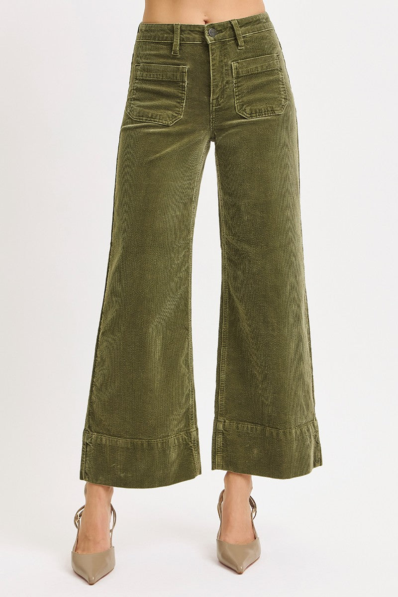 High Rise Crop Wide Corduroy Pants In Moss