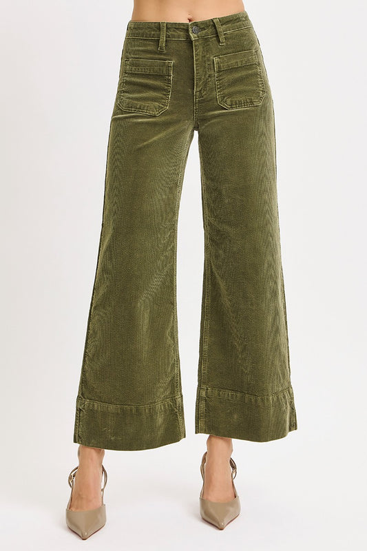 High Rise Crop Wide Corduroy Pants In Moss