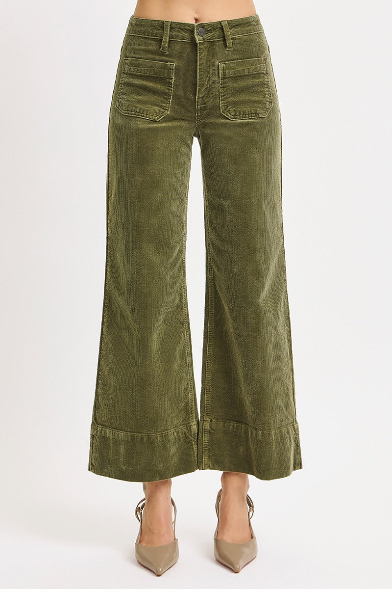 High Rise Crop Wide Corduroy Pants In Moss