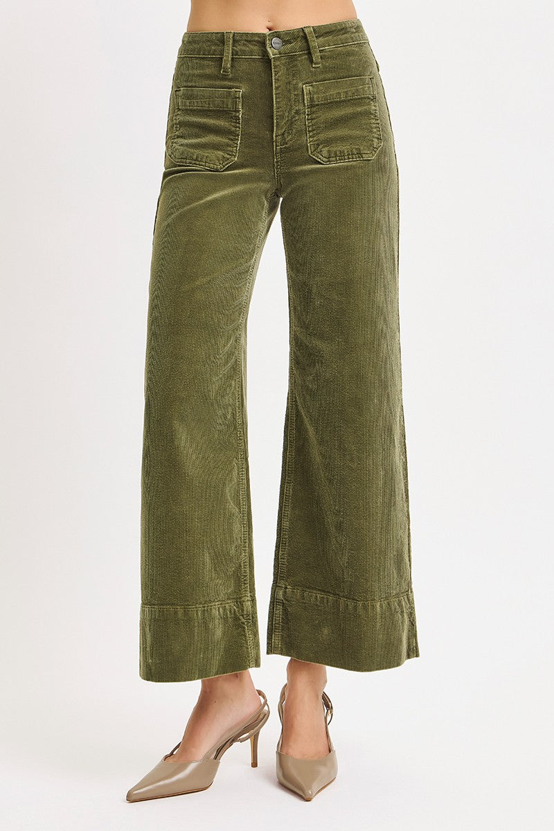 High Rise Crop Wide Corduroy Pants In Moss