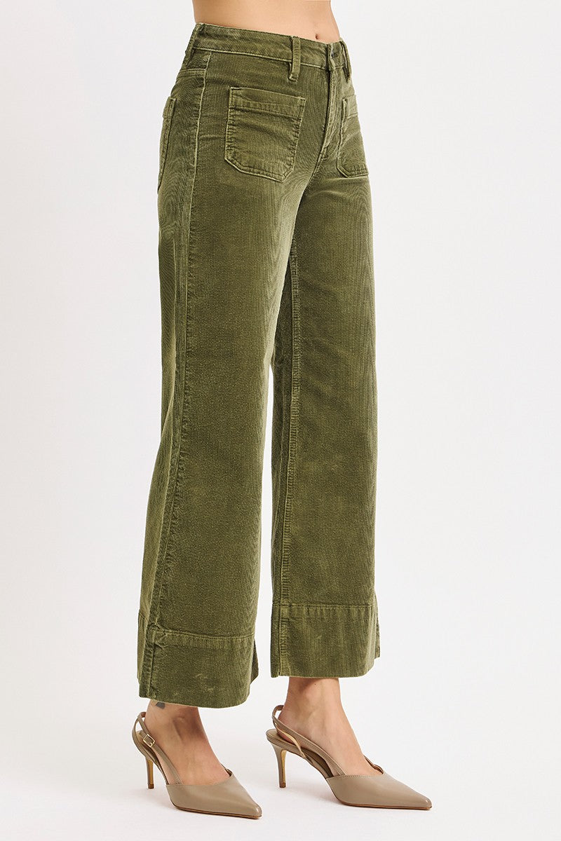 High Rise Crop Wide Corduroy Pants In Moss