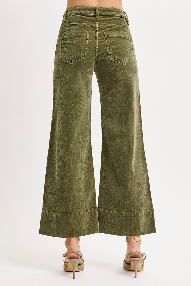High Rise Crop Wide Corduroy Pants In Moss