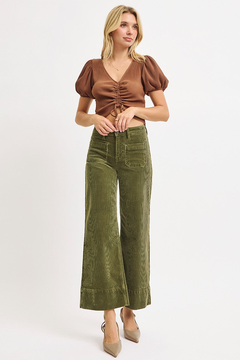 High Rise Crop Wide Corduroy Pants In Moss