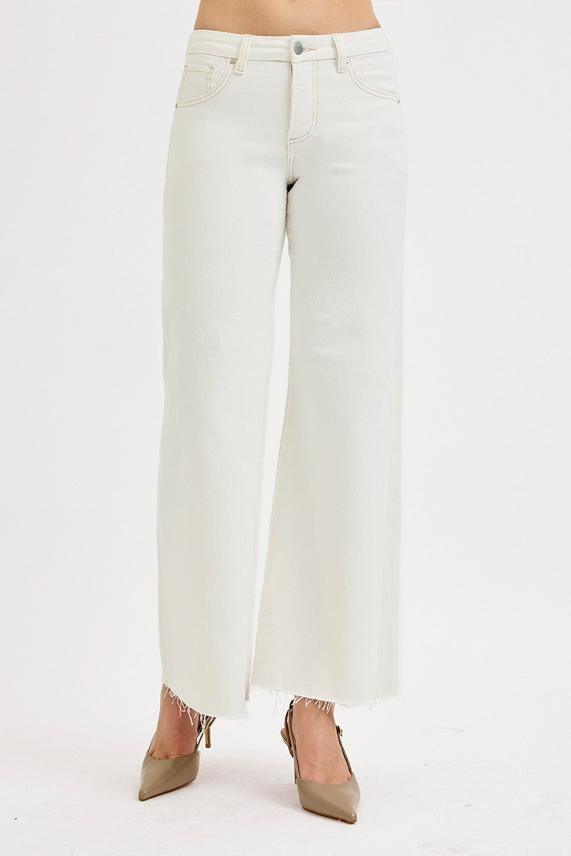 Tummy Control Mid Rise Wide Leg Pants In Cream