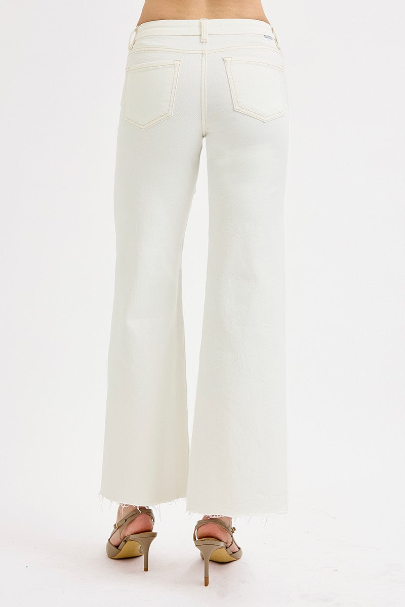 Tummy Control Mid Rise Wide Leg Pants In Cream
