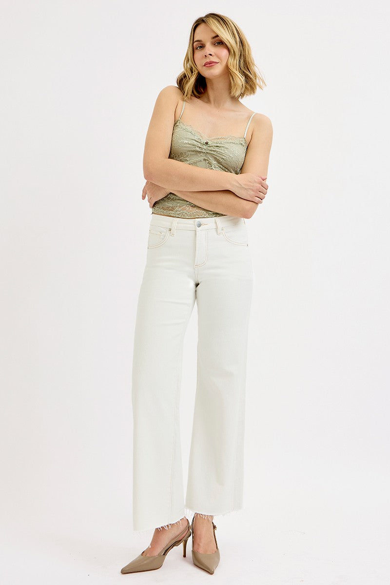 Tummy Control Mid Rise Wide Leg Pants In Cream