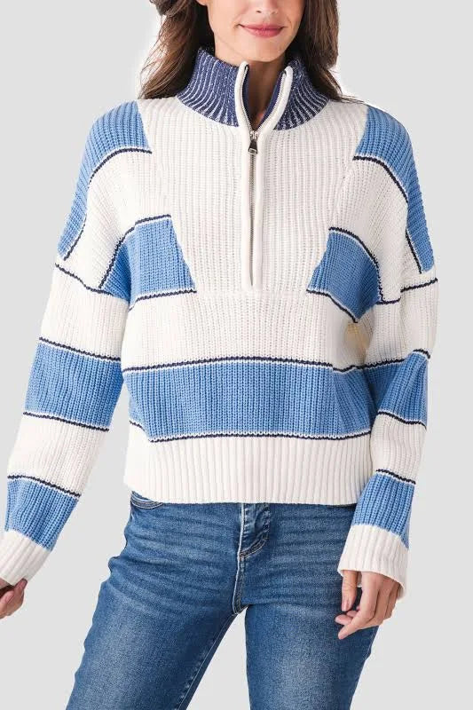 Quarter Zip Stripe Sweater - Light Blue