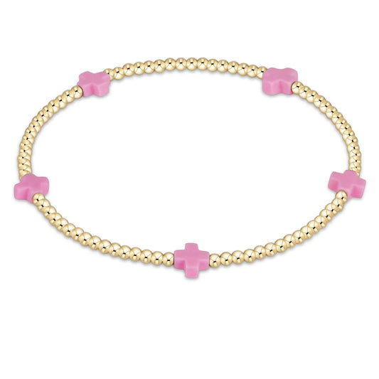 Signature Cross Small Gold Pattern 2mm Bead Bracelet - Bright Pink