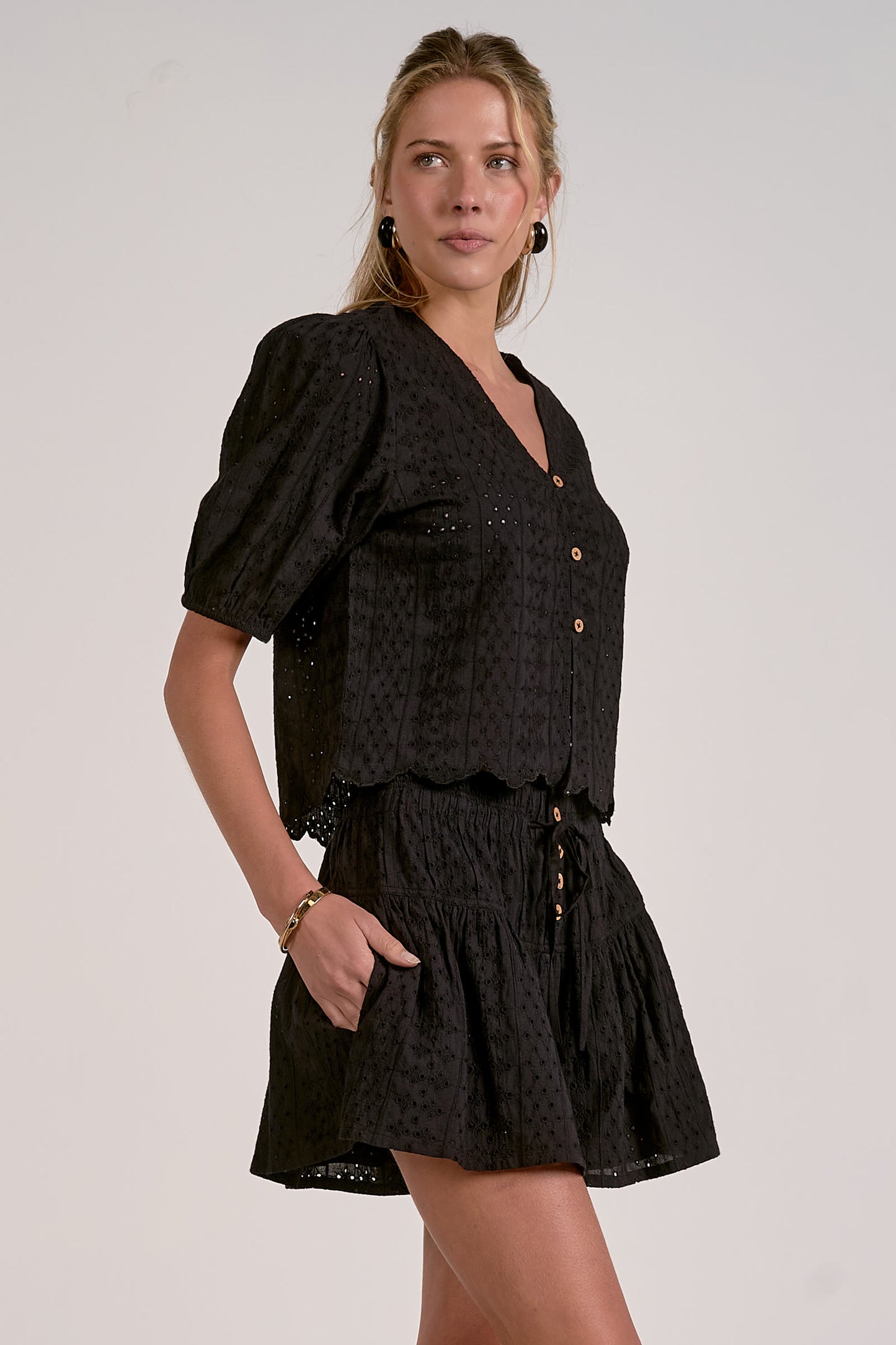 Black Eyelet Button Short