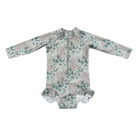 Aqua Grey Floral Ruffle Swimsuit