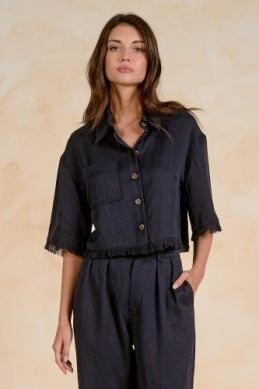 Navy Button Down Fray Sleeve Top