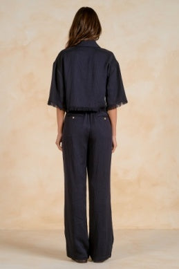 Navy Button Down Fray Sleeve Top
