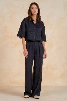 Navy Button Down Fray Sleeve Top