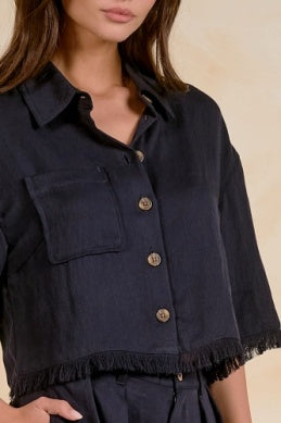 Navy Button Down Fray Sleeve Top