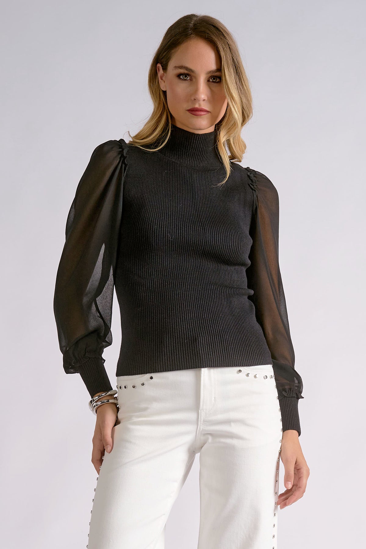 Mock Neck Sheer Sleeve Top
