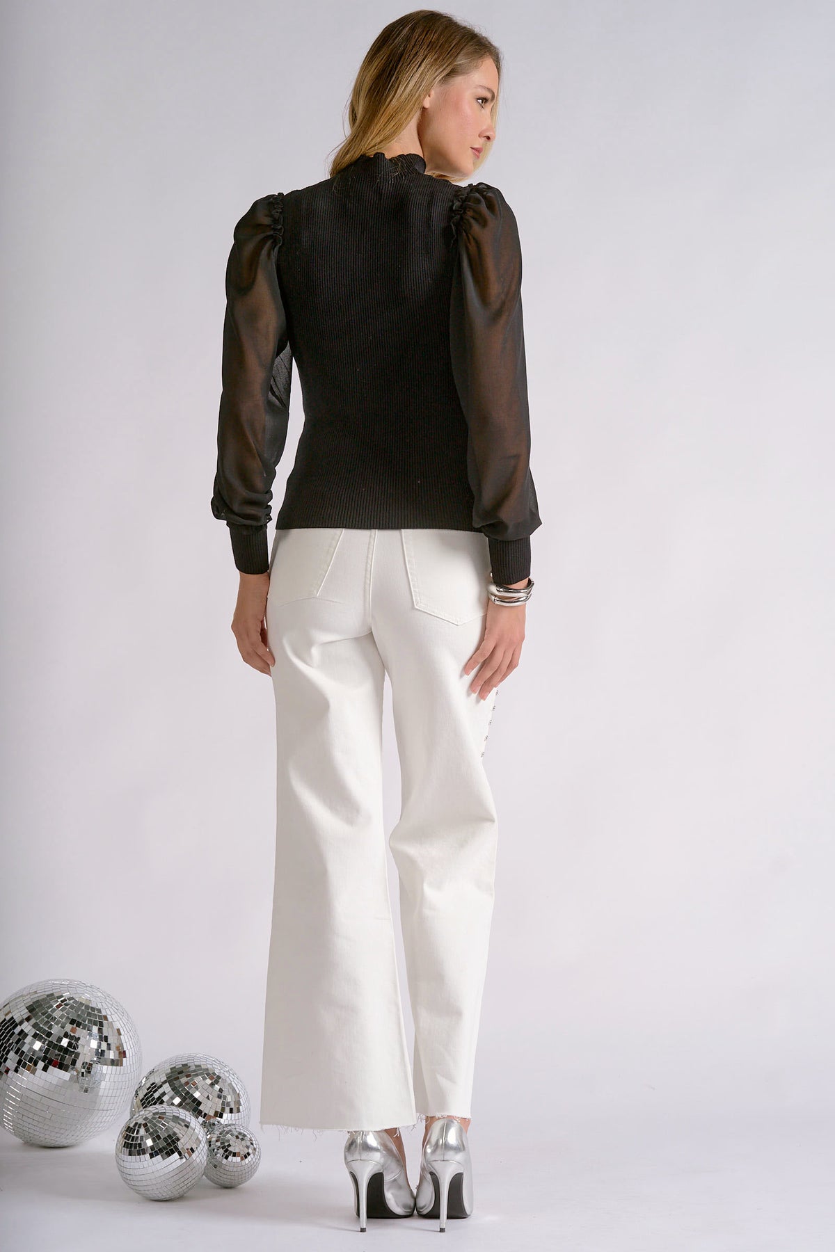 Mock Neck Sheer Sleeve Top